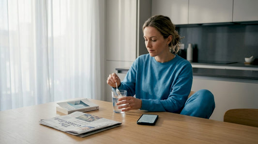 Woman preparing cordyceps powder at kitchen table