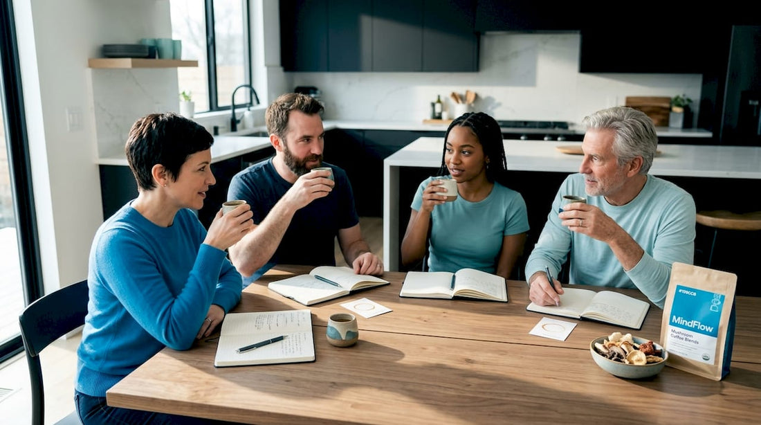 Group tasting mushroom coffee around kitchen table