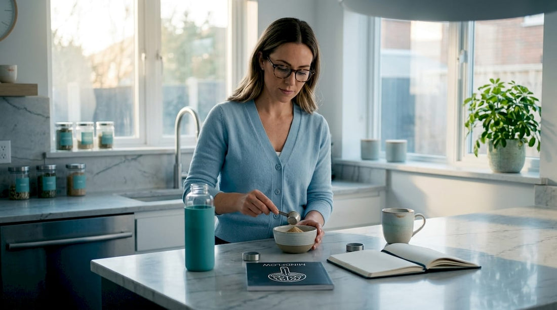 Woman measuring adaptogen herbs in kitchen