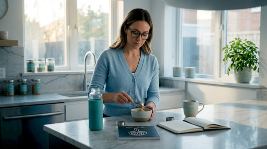 Woman measuring adaptogen herbs in kitchen