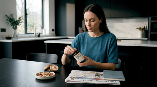 Woman checks mushroom supplement bottle in kitchen