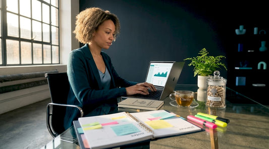 Woman studying mushroom supplements for focus