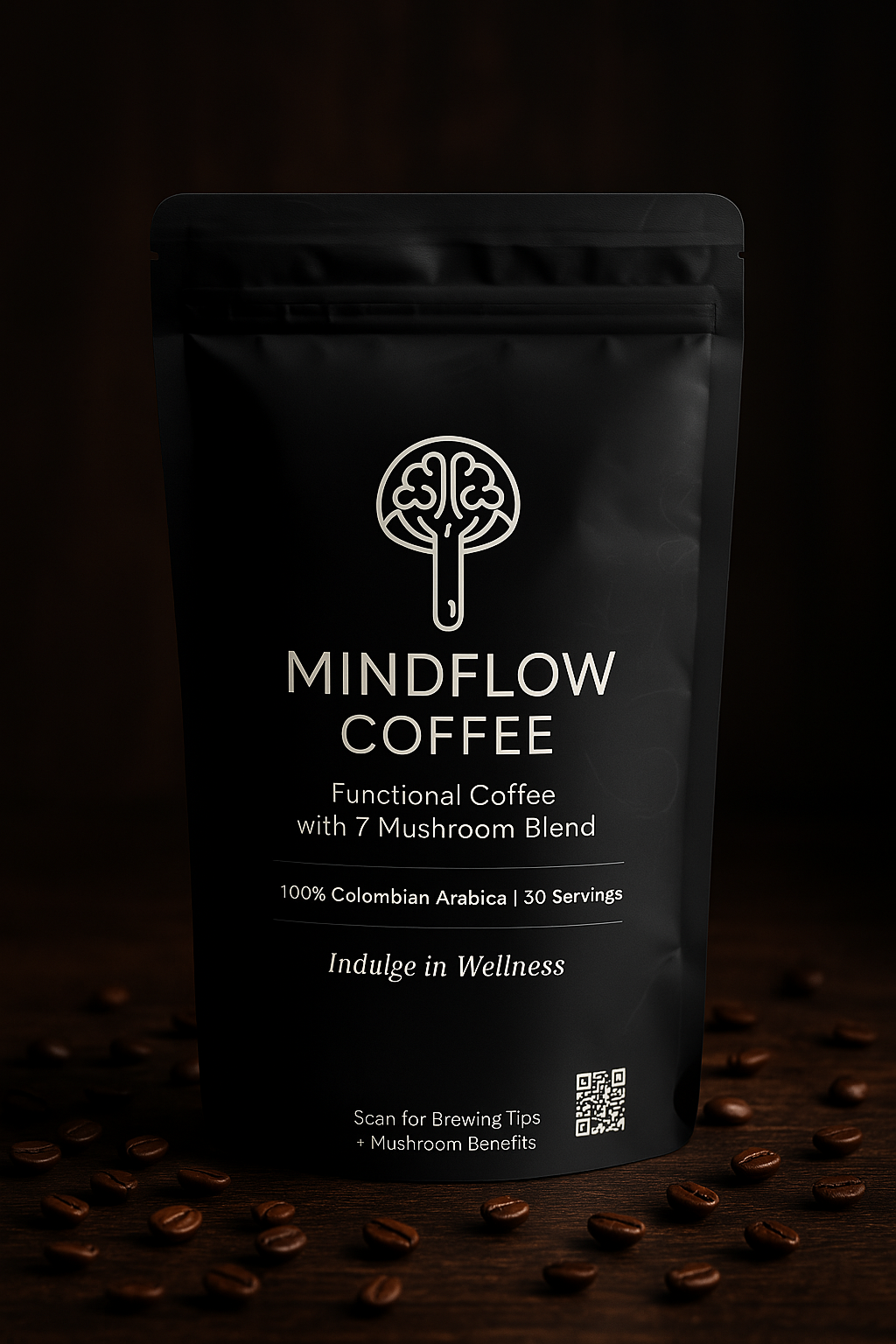 Black coffee packaging with 'Mindflow Coffee' branding on a dark background with scattered coffee beans. Functional coffee with 7 mushroom blend 
