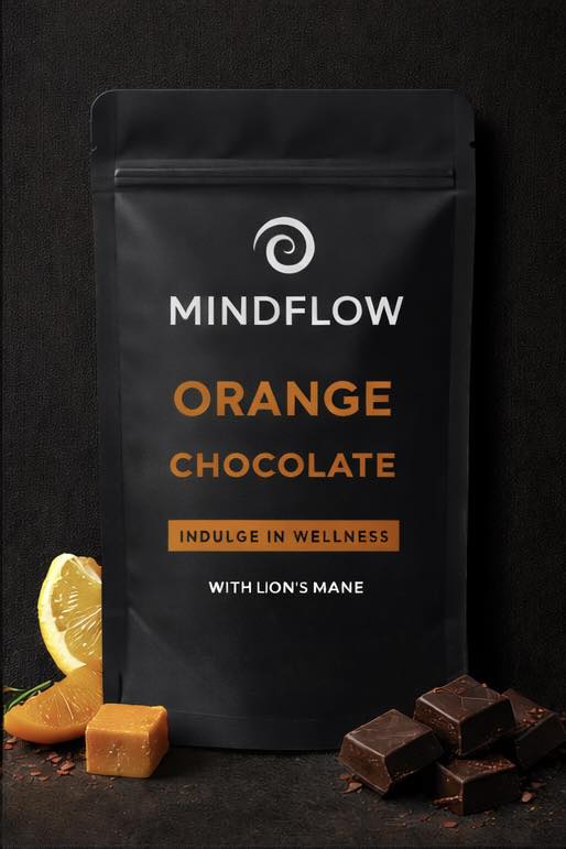 Mindflow Orange Chocolate package with chocolate pieces and lemon on a dark background